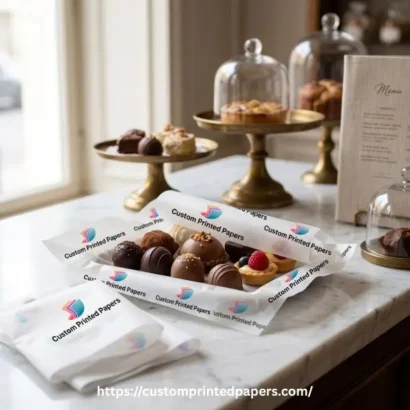 White semi-translucent butter paper printed with a logo for patisseries and chocolatiers