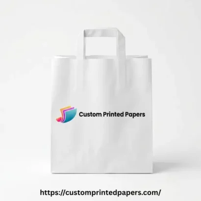 Smooth white kraft bag with handles printed with a full-color brand logo