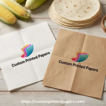White and brown kraft tortilla paper sheets side by side, each printed with a logo