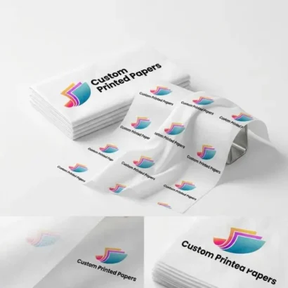 Neatly folded white custom tissue paper printed with a full-color brand logo for retail wrapping