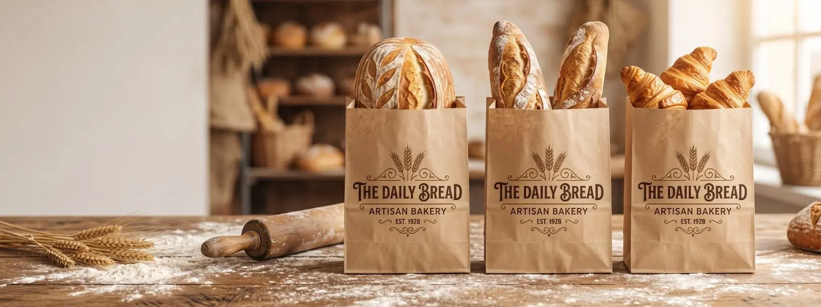 Custom-printed kraft bakery bags by Custom Printed Papers with fresh artisan bread
